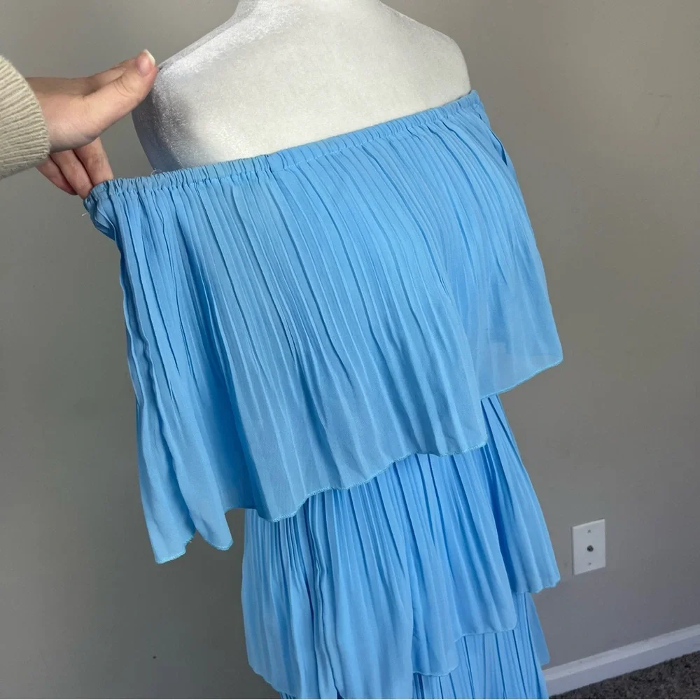 OFF THE SHOULDER TIERED PLEATED MIDI CHIFFON DRESS IN LIGHT BLUE SIZE MEDIUM - Picture 7 of 16
